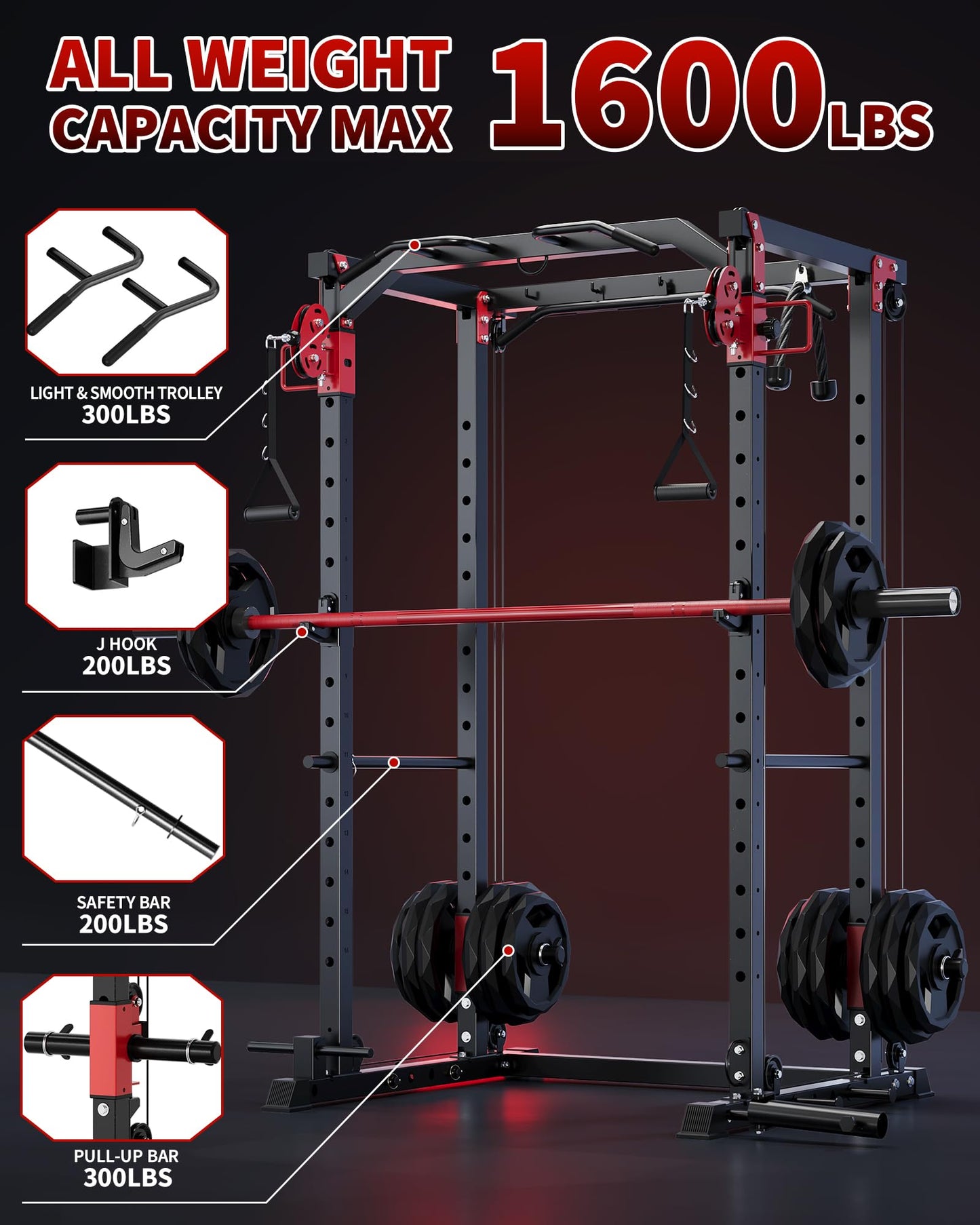 GarveeLife Power Cage, Power Rack with Cable Crossover System, 2000LBS Squat Rack with LAT Pull Down System, Workout Cage with Pulley System for Fitness Home Gym Strength Training(Red and Black)