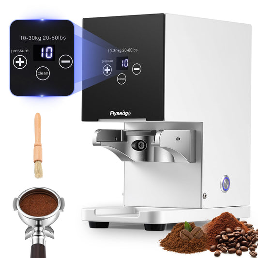 Flyseago Automatic Coffee Tamper for 58mm Portafilters, 10-30kg Touch Control, Level Flat Tamp for Espresso, Hands-Free for Cafe & Home Barista White