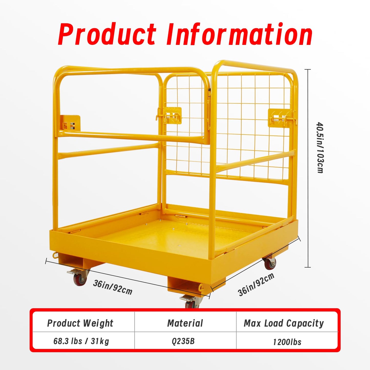 Forklift Safety Cage, Heavy Duty Forklift Basket 1200LBS Capacity with 4 Wheels, 36"x36" inch Lift Basket for Most Aerial Jobs as Work Platform