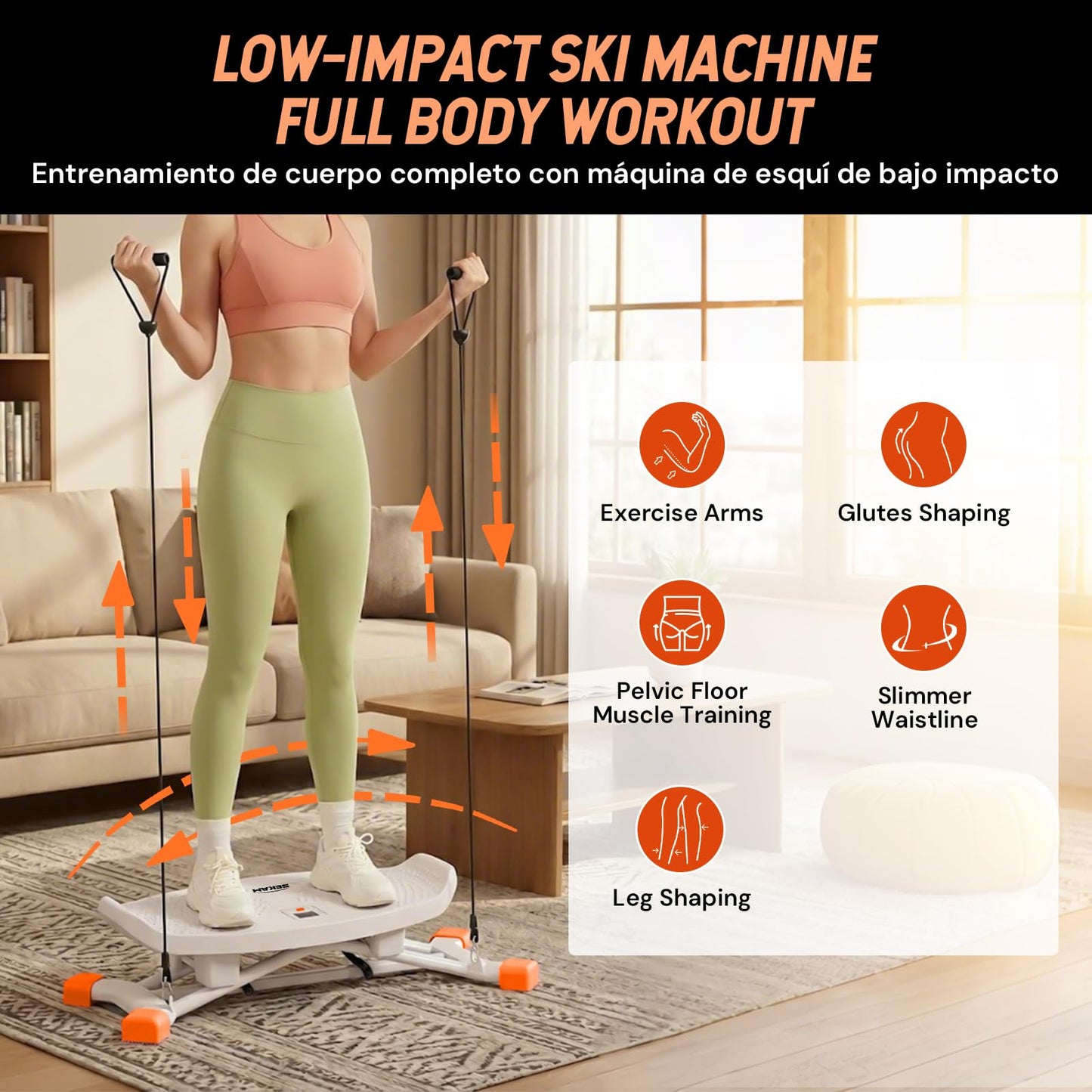 SEKAM Ski Machine Trainer, Indoor Ski Simulator with Resistance Bands & Balance Board - Low Impact Stepper Exercise Equipment for Home Gym Full Body Workout, 300LBS Capacity (Orange)