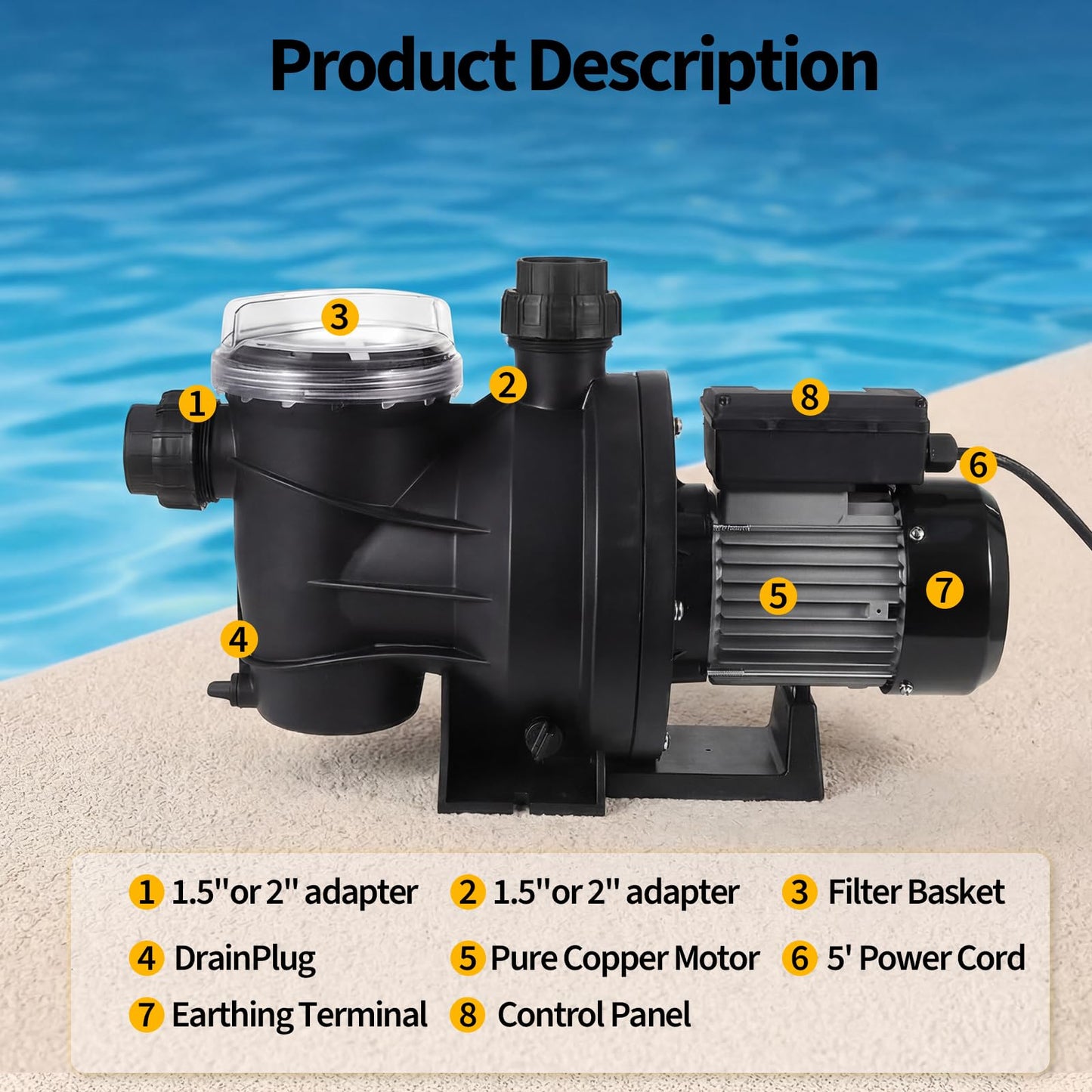 In/Above Ground Pool Pump High Flow Self Primming Swimming Pool Pump, 115V High Efficiency Pump for Above Ground Pools Pond Hot Tubs Spas, 7FT Power Cord, Quiet Operation (1.6 HP, 6075 GPH)