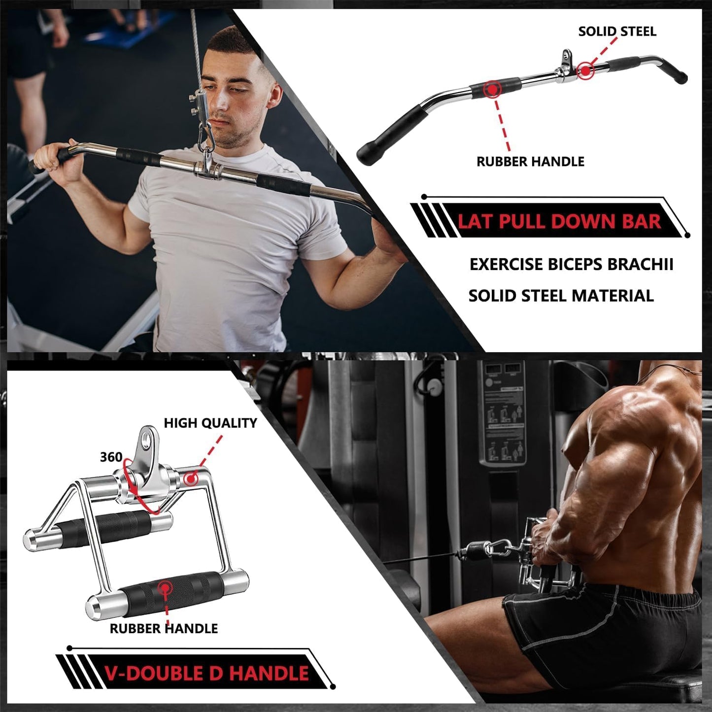 WNOEY LAT Bar Cable Attachment with Rubber Handgrips, Deluxe Heavy Duty Solid Curl Bar Revolving Hanger Home Gym Cable Attachments (White 35.5inch Set)