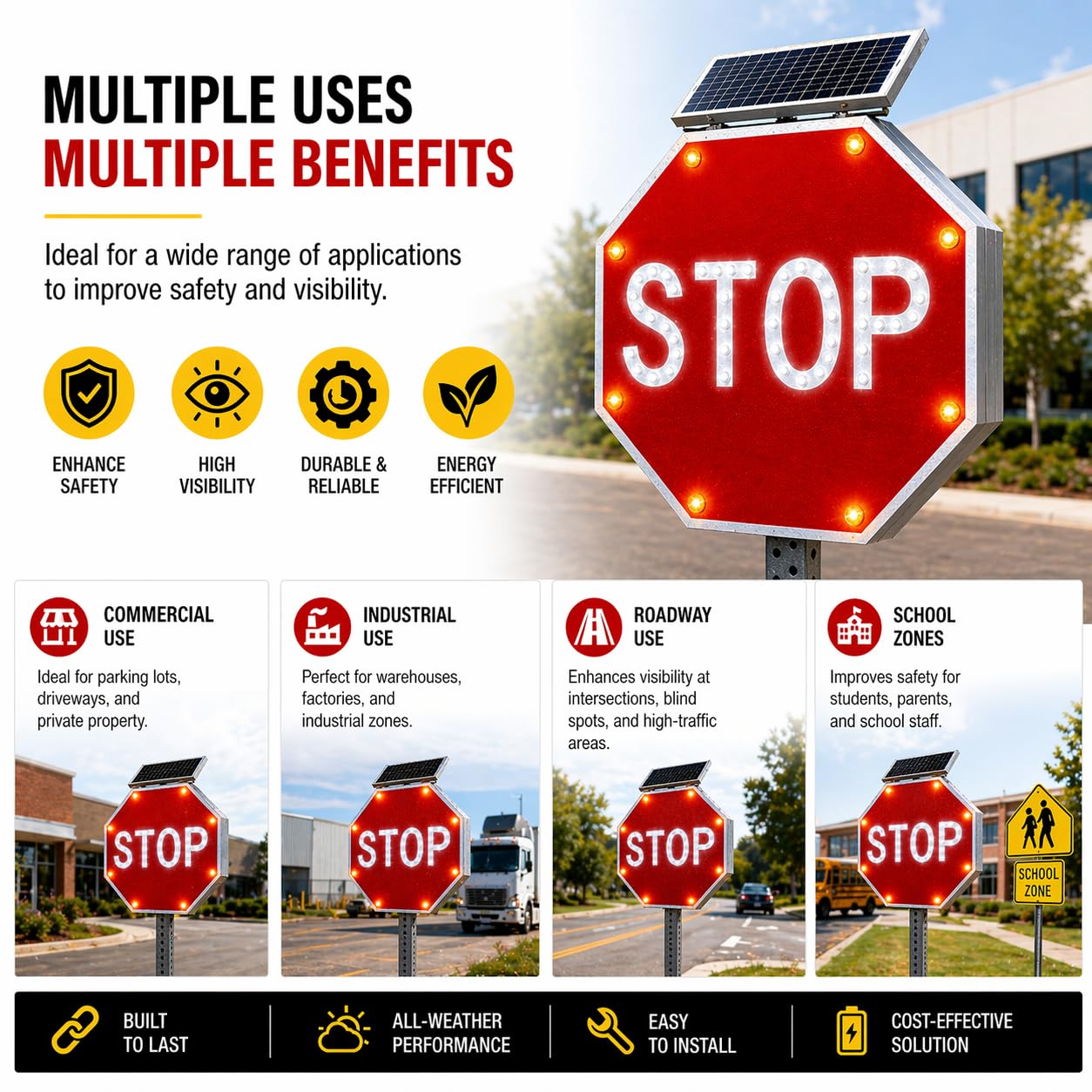 GAJTTR 24in Solar Powered LED Flashing Stop Sign, MUTCD Compliant Traffic Stop Sign with 44 Blinking LEDs,Engineer Grade Reflective Film, Heavy Duty Aluminum Metal Frame Blinking Road Warning Sign for Industrial,School,Driveway,Fire Lane (Red)