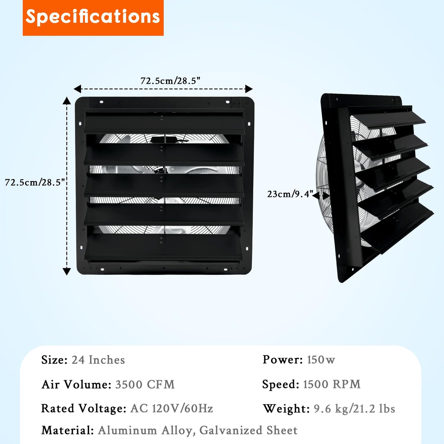Garvee 24 In Shutter Exhaust Fan, Wall Mounted Shutter Exhaust Fan Aluminum, 3500 CFM High Speed Louvered Vent Fan with Automatic Shutter for Garage, Attic, Workshop, Greenhouse