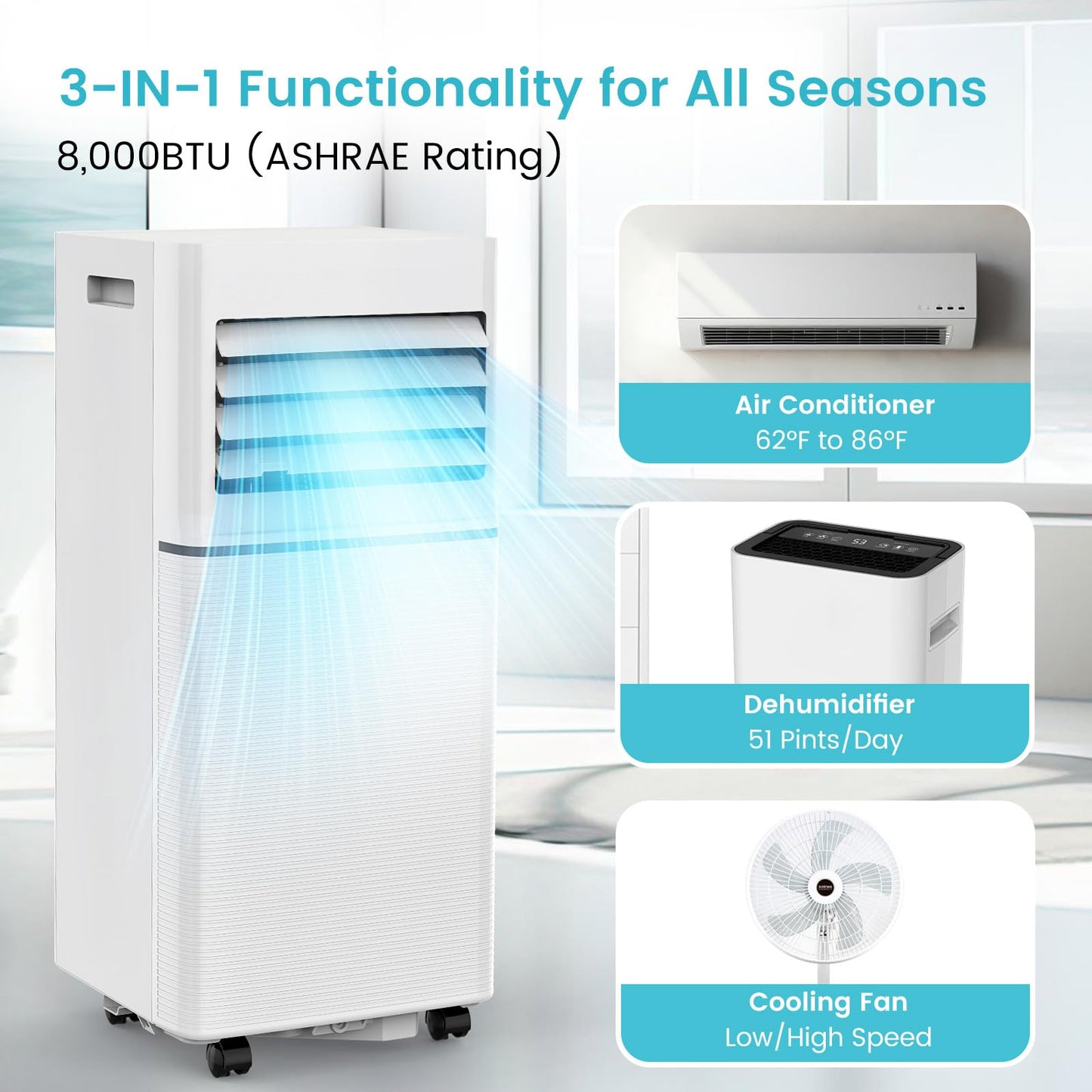 Electactic Portable Air Conditioner 8,000 BTU, 3-in-1 AC Cooler Dehumidifier Fan with LED Display, Remote Control, Quiet, Sleep Mode, 360° Casters, Window Kit for Room Office Apartment Garage
