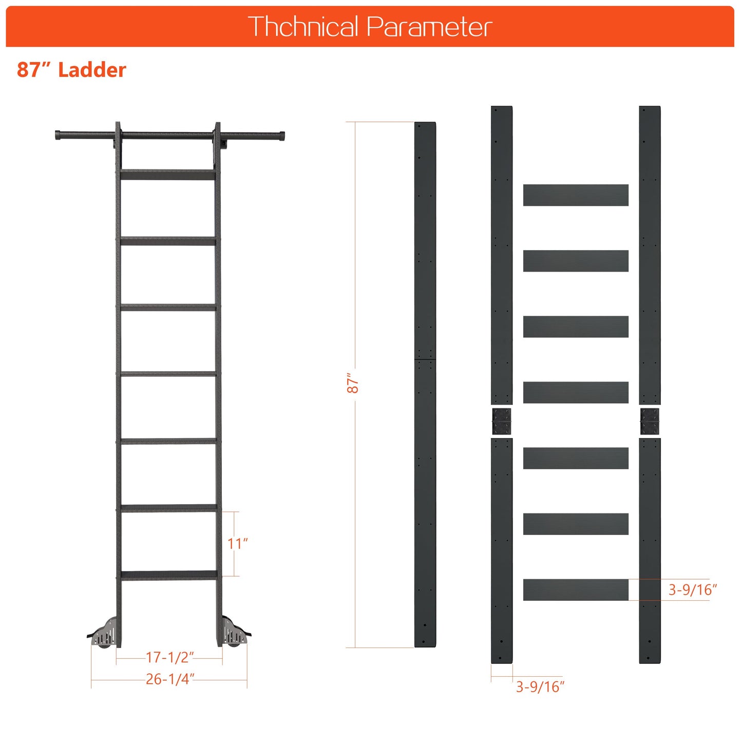 DIYHD 87" Sliding Library Ladder, Telescopic Top Hook, Lightweight Rolling Ladder with Upright Space-Saving Storage, Kit with 4FT Sliding Rail, Bottom Rollers, 300lbs Capacity, Black