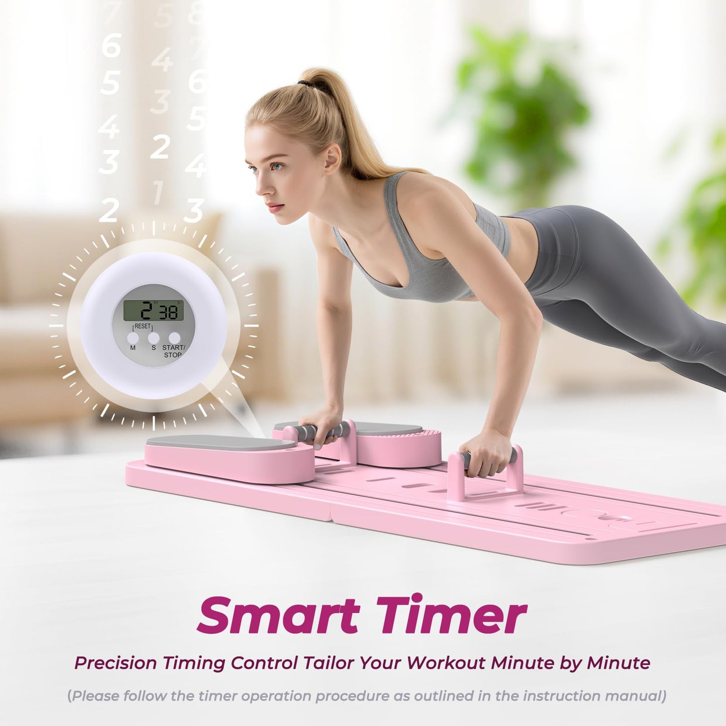 Multifunctional Pilates Board, Pilates Reformer Sets 7-in-1 Foldable Pilates Reformer Machine for Home Workout with Timer, Phone Holder, Push-up Bar, Ab Board, 330LBS Capacity Portable Set, Pink