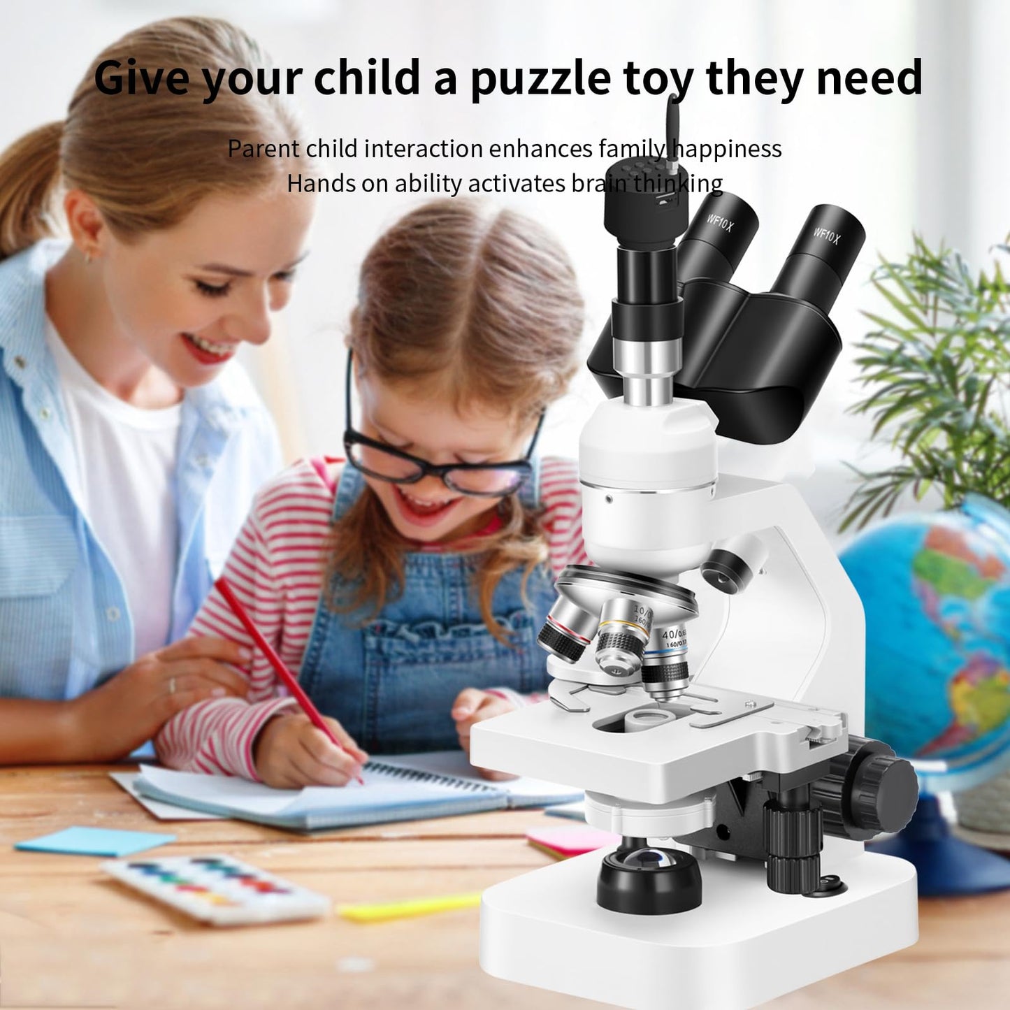 Trinocular Microscope 40x-2000x Magnification Double-Layer Stage with LED Lights on top and Bottom, Thick and Thin Dual Focusing knobs, Professional Biological Microscope (WiFi Electronic Eyepiece)