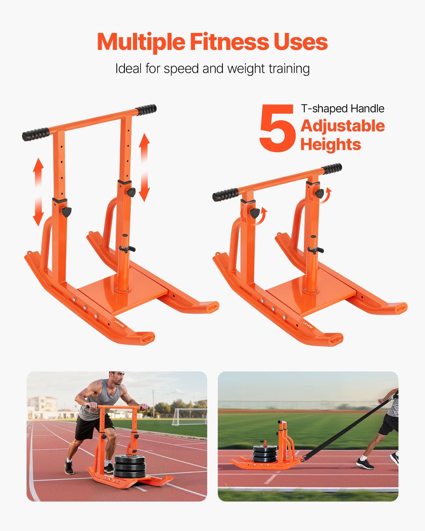 VEVOR Weight Sled, Fitness Training Pull Push Running Sled, Fitness Workout Sled Push Gym Equipment, Adjustable Height Handle, Compatible 1/2 in Weight Plates, Orange, Football Sleds and Chutes