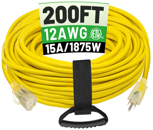 POWGRN 200 ft 12/3 Outdoor Extension Cord Waterproof Heavy Duty with Lighted End 12 Gauge 3 Prong, Flexible Cold-Resistant Long Power Cord Outside, 15Amp 1875W SJTW Yellow ETL Listed