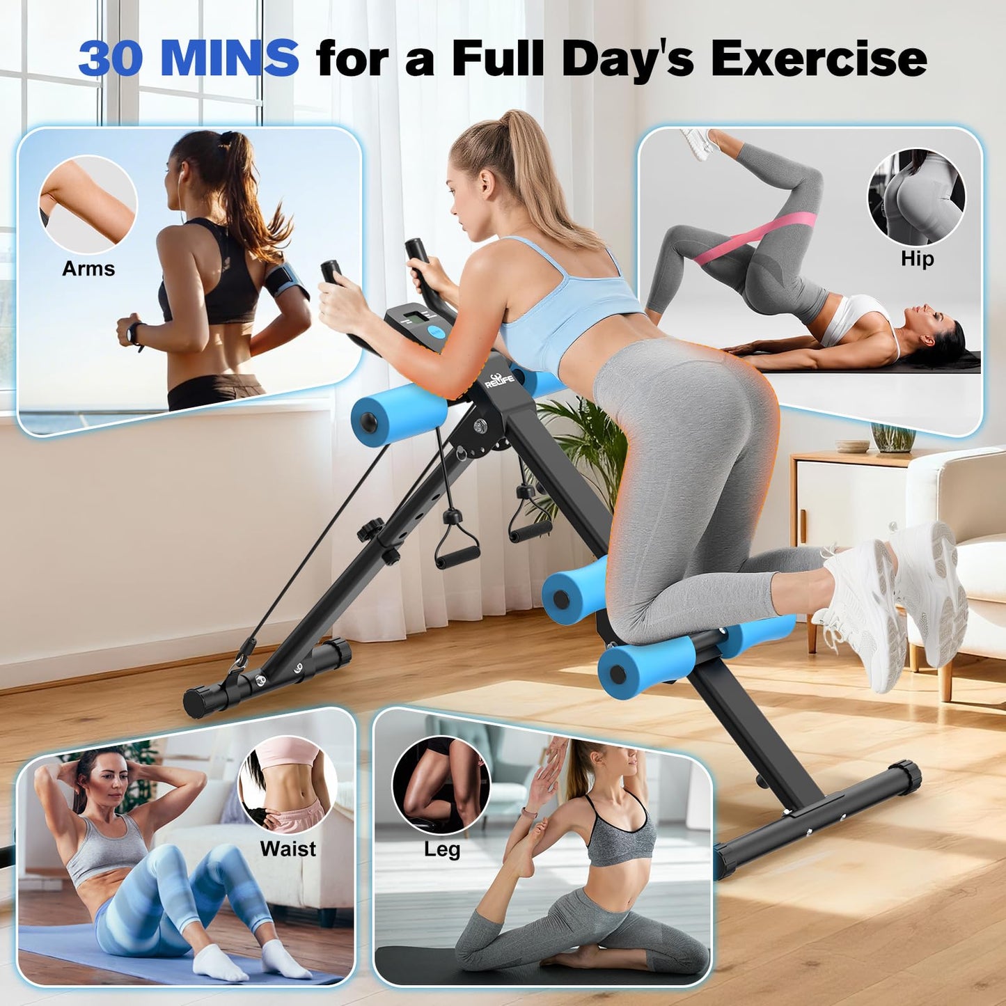 RELIFE REBUILD YOUR LIFE AB Workout Machine Adjustable Ab Trainer Foldable Ab Cruncher Strength Training Equipment for Home Gym Blue 440 LBS Blue