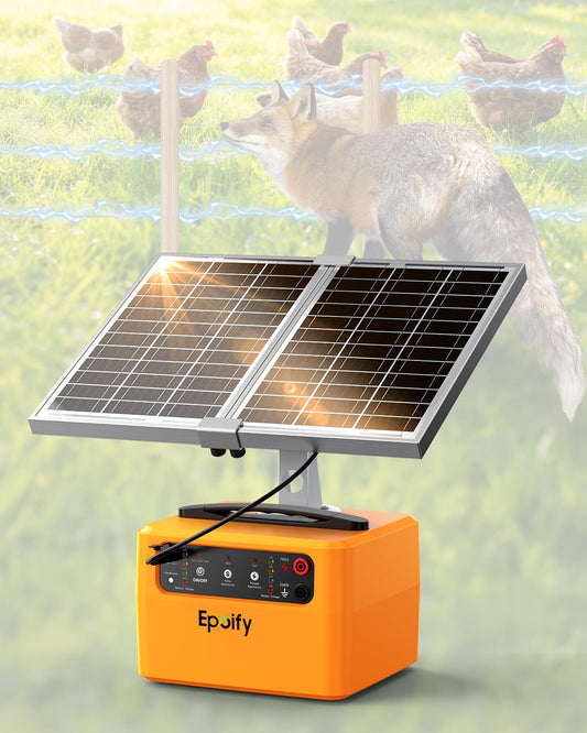 Solar Electric Fence Charger 30 Mile, 0.3-1.5 Joule Adjustable Fence Energizer with 12000mAh Battery&Voltage Display, Solar+AC Powered Electric Fence Charger for Livestock, Deer and Raccoon Control