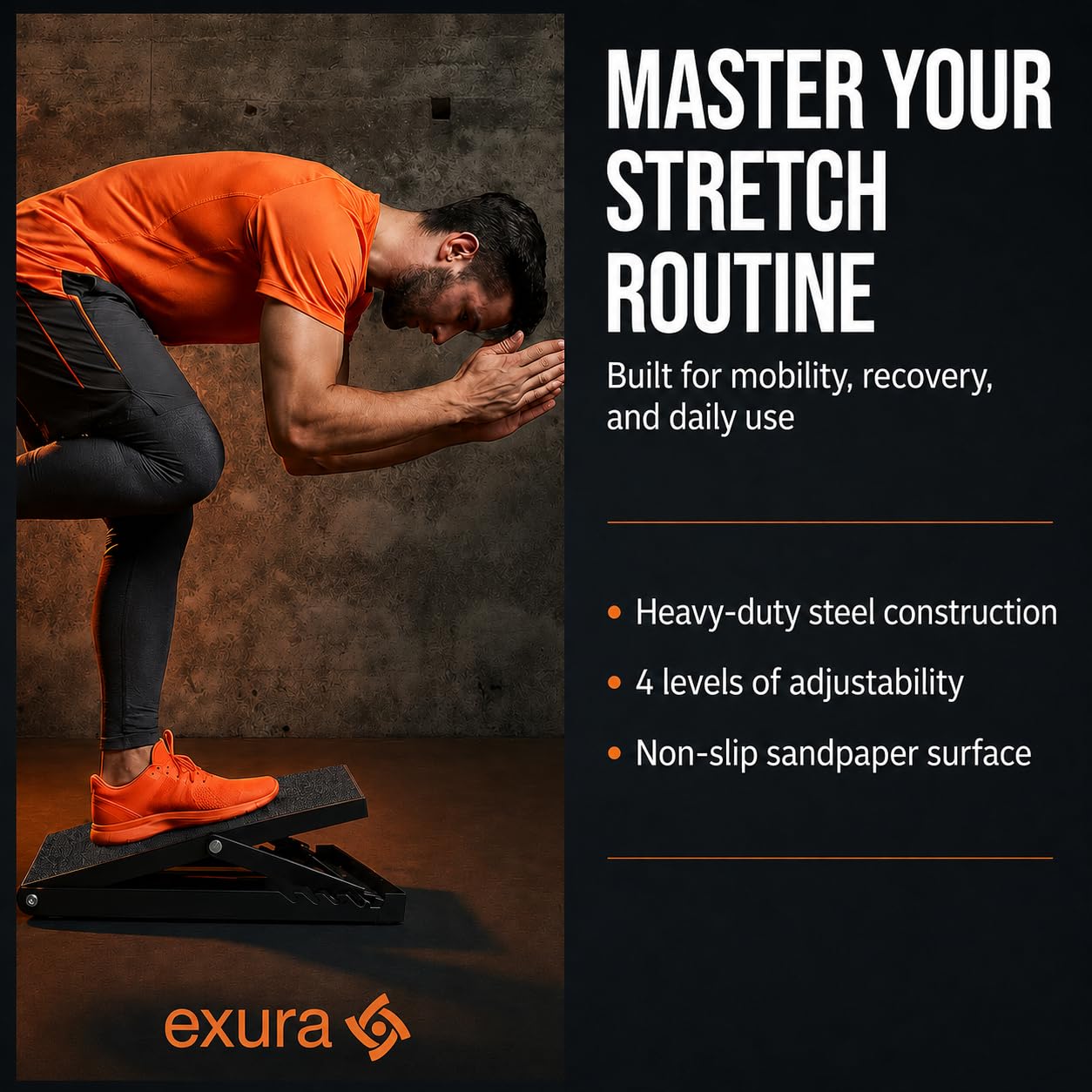 EXURA Slant Board for Calf Stretching & Plantar Fasciitis Relief, Adjustable Wide Metal Squat Wedge, Calf Stretcher for ATG Training, Knees Over Toes & Physical Therapy