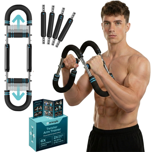 ENERGILZ Twister Arm Trainer | Chest Workout Equipment Also for Biceps, Shoulders, Forearms, Back, Legs; Arm Chest Trainer for Men, Women, Beginners, Pros | 2 Spring Sets, 6 Resistance Levels (Blue)