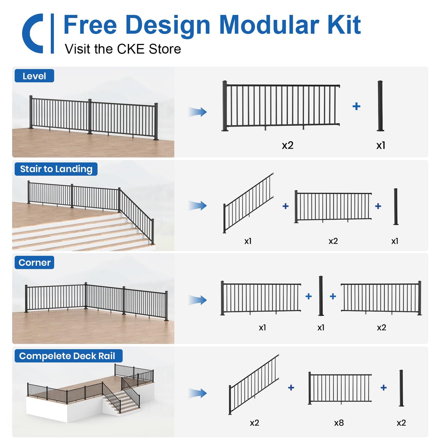 CKE 36 in. H x 8 ft. W Porch and Deck Railing Kit with Post, Aluminum Railing Kit, AAMA 2604 Black Textured Powder-Coat Finish Railing System for Outdoor Decks, Porches & Balconies(1 Post, 1 Panel)