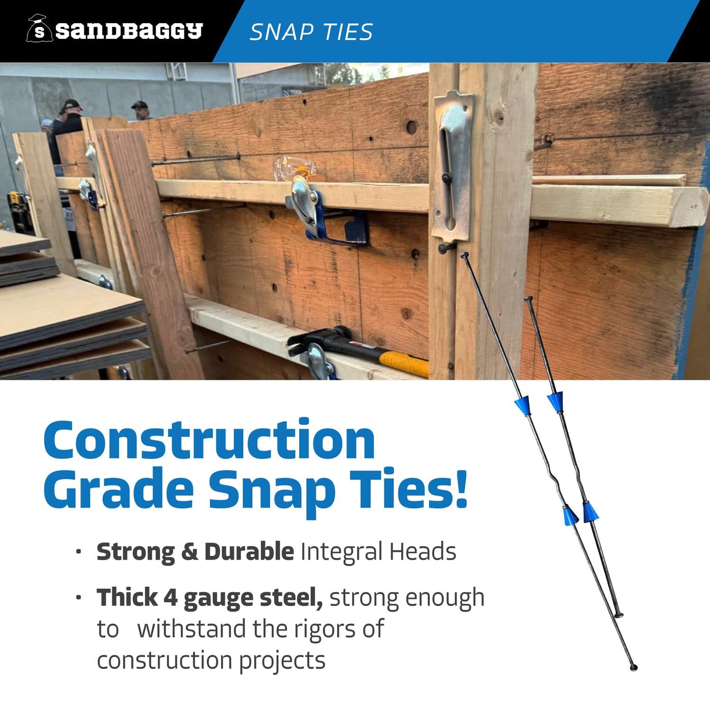 8" Standard Snap Ties for Concrete Forms - 1" Plastic Cones, Integral Heads - 2:1 Safety Factor, 2,250 lbs Working Load - 4 Gauge Steel (Short End - 4.75", 100) - 1 Year Warranty