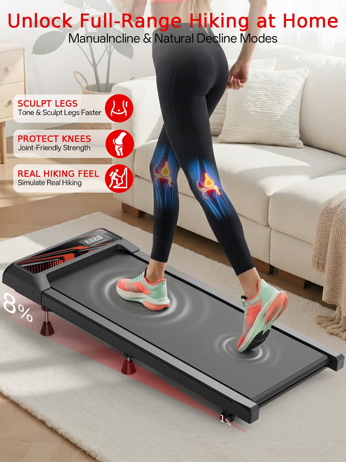 Walking Treadmill Pad with 8% Incline for Home, Under Desk Treadmill for Home Office, 2.5HP Quiet Portable Walking Mat, 265 lbs Capacity, Compact Treadmill for Small Spaces with 15" x 35.4" Belt