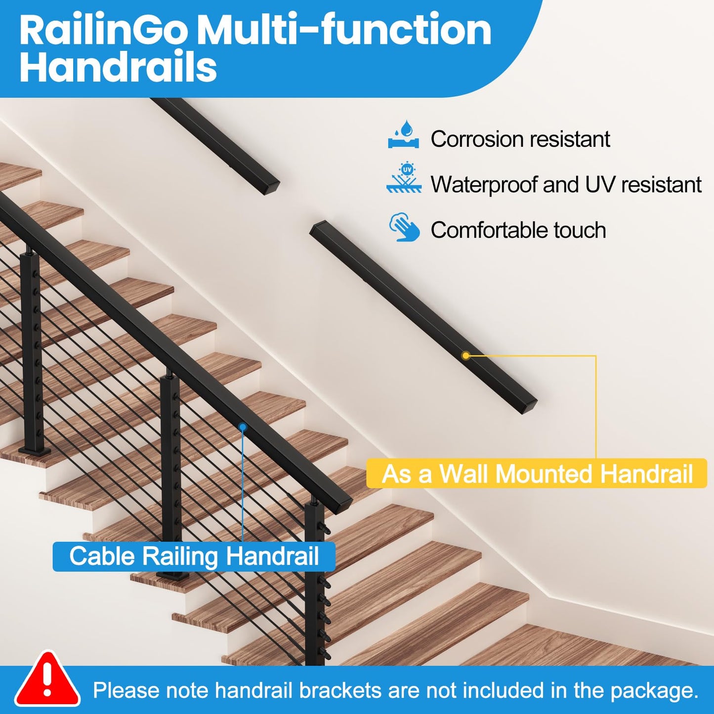 RailinGo 10FT Rectangular Cable Railing Handrail, Black Stainless Steel Handrail with Nylon End Caps for Deck Stair Railing System, 10' Flat Top Cuttable Deck Cable Rail Post System, RG01-H