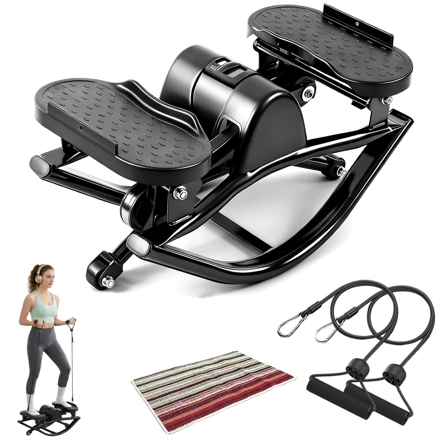 Rocking Stepper for Exercise at Home Portable Lateral Rock Stepper from Side to Side with Resistant Bands and Non-Slip Mat - Black