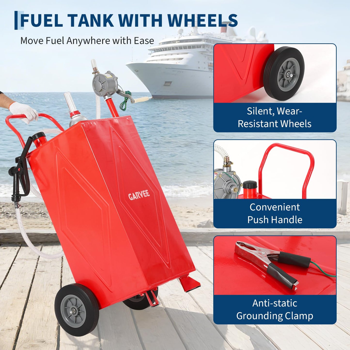 35 Gallon Fuel Gas Caddy Storage Tank, Portable Gas Caddy with Wheels, Manual Hand Crank Transfer Pump, Fuel Hose, Wide Fill Neck, Level Gauge, Mobile Gasoline Diesel Fuel Transfer Tank for ATV, Lawn Mower, Tractor, Car, Boat, Equipment