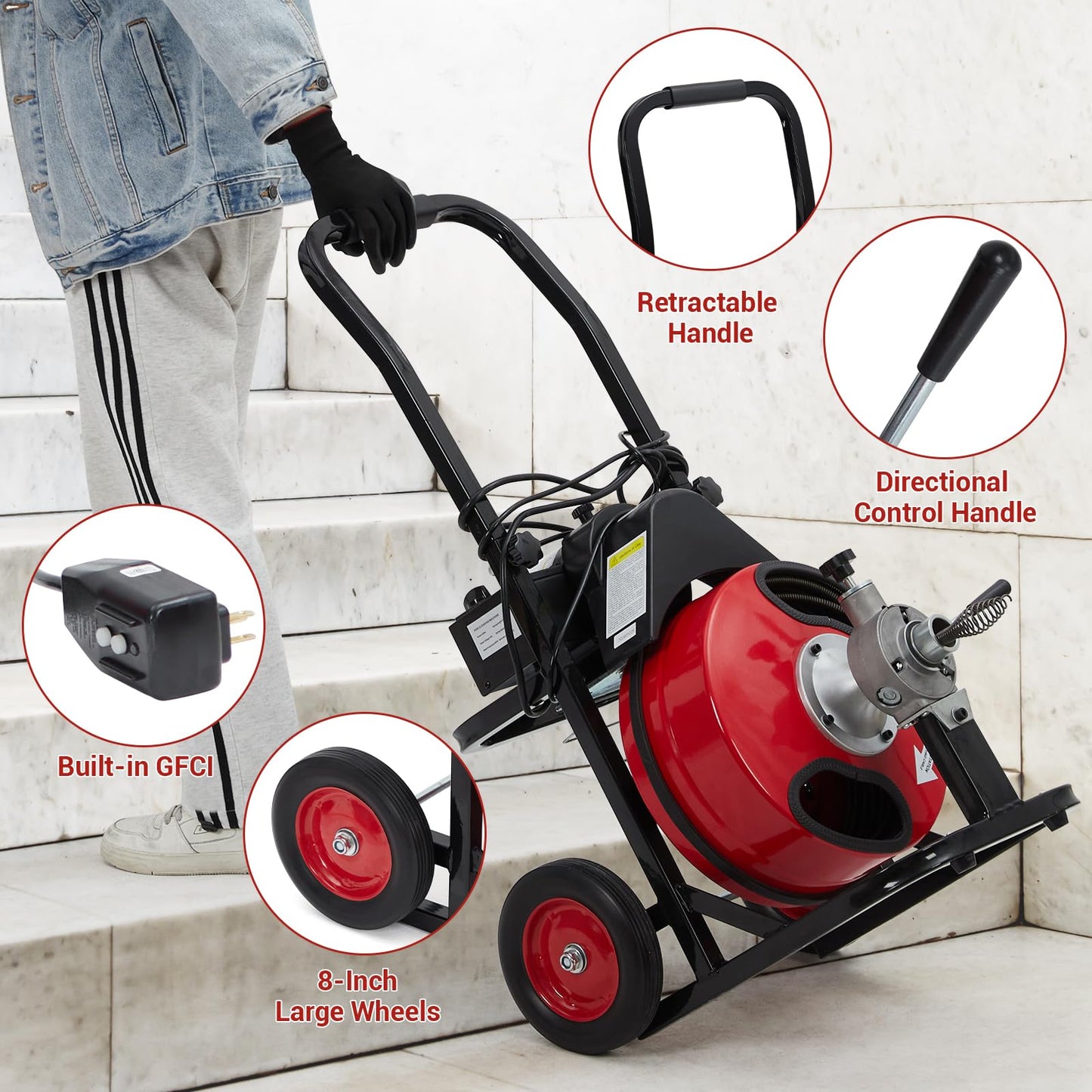 GarveeTech Auto Feed 75 ft x 1/2 in Drain Cleaner Machine with 250W Motor, Portable Sewer Snake Auger with 8 Cutters & Air-activated Foot Switch, Fits 1 in to 4 in Pipes, Black & Red