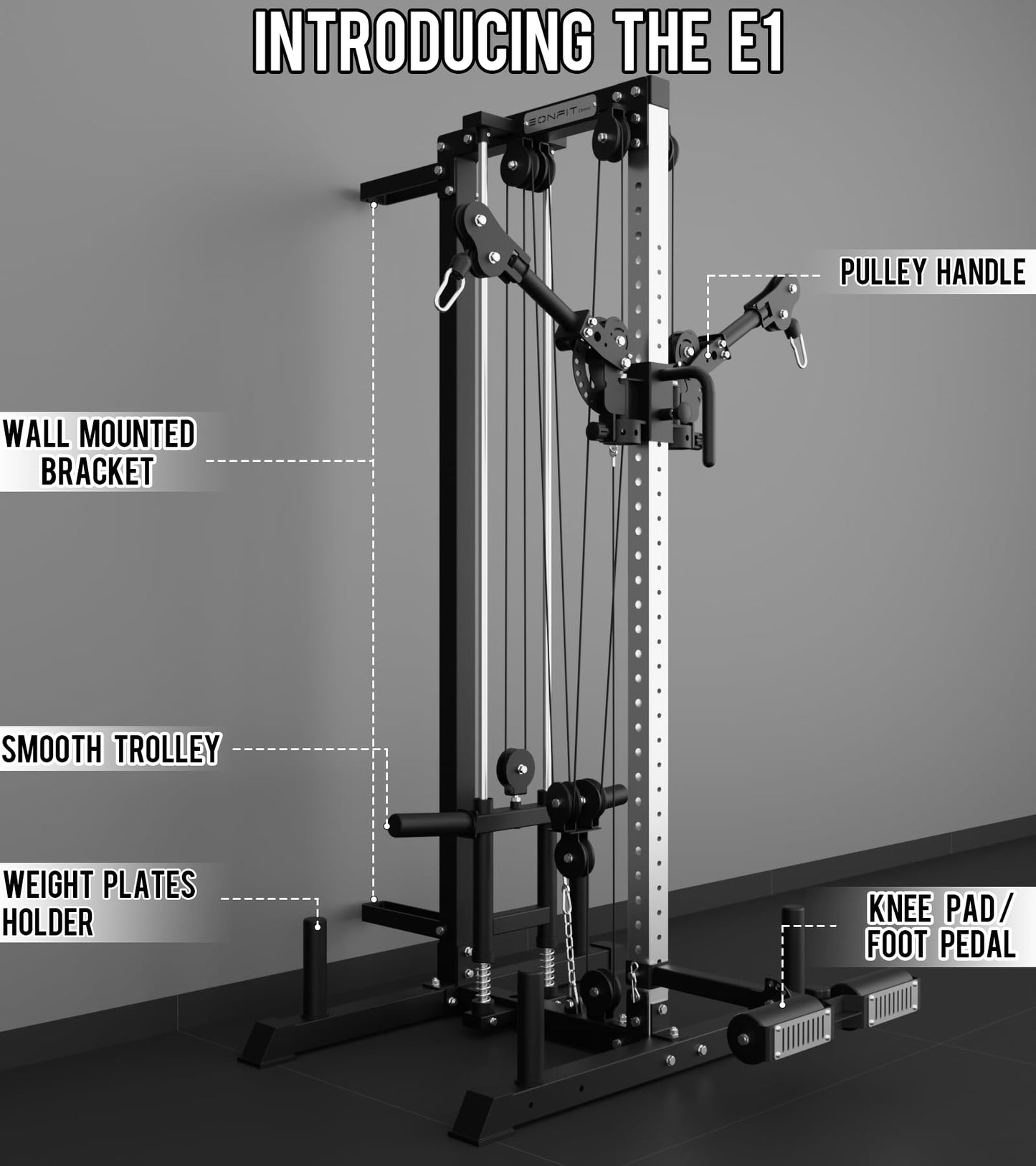 Eonfit E1 2.0 Wall Mounted & Free Standing Cable Machine for Home Gym, LAT Pulldown, Functional Trainer, Cable Crossover Machine Workout Station Pulley System Cable Tower with Leg Holder, Foot Board