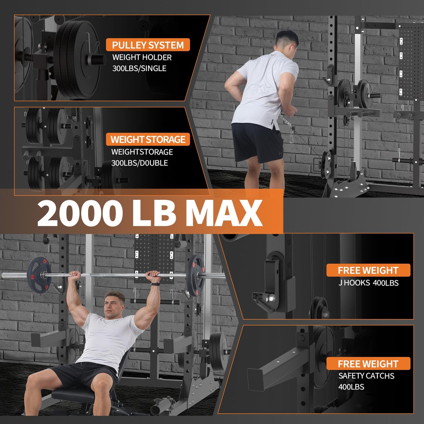 GarveeLife Power Cage, 2000 LB Squat Rack with Dual Pulley Cable Crossover, Multi-Function Home Gym Power Rack with Attachments, Full Body Strength Training Equipment for Home