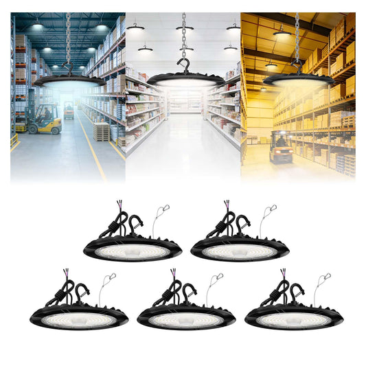 UFO High Bay LED Light 150W 5 Pack, 24000LM 160lm/W Commercial Shop Lights, 3-in-1 Adjustable Wattage (150W/120W/100W) & CCT (6000K/5000K/4000K), IP65, 0-10V Dimmable, Plug-in for Warehouse Workshop
