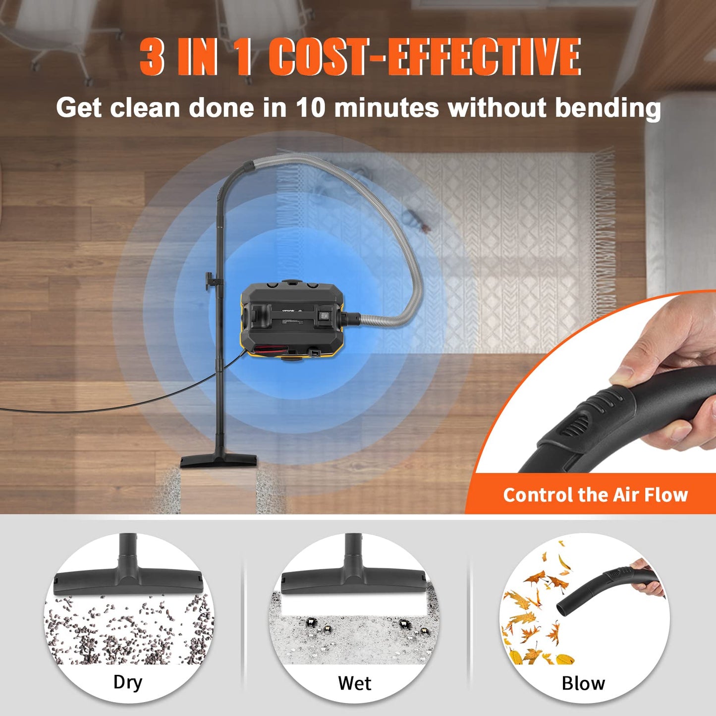 VEVOR Shop Vac Wet and Dry Vacuum Cleaner 4 Gallon 5 Peak HP - Powerful Suction with Blower Function & Attachments 3-in-1 Crevice Nozzle - Perfect for Car Carpet Debris Pet Hair Black/Yellow