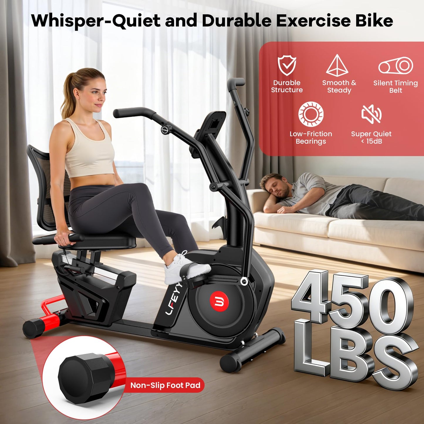 LFEYYD Recumbent Exercise Bike for Home, Stationary Bike with Arm Exerciser, 16-Level Magnetic Resistance, Bluetooth App, LCD Monitor, Heart Rate, Heavy-Duty Frame, Low-Impact Cardio & Physical Therapy, 450LBS Capacity (BIACK-Red)