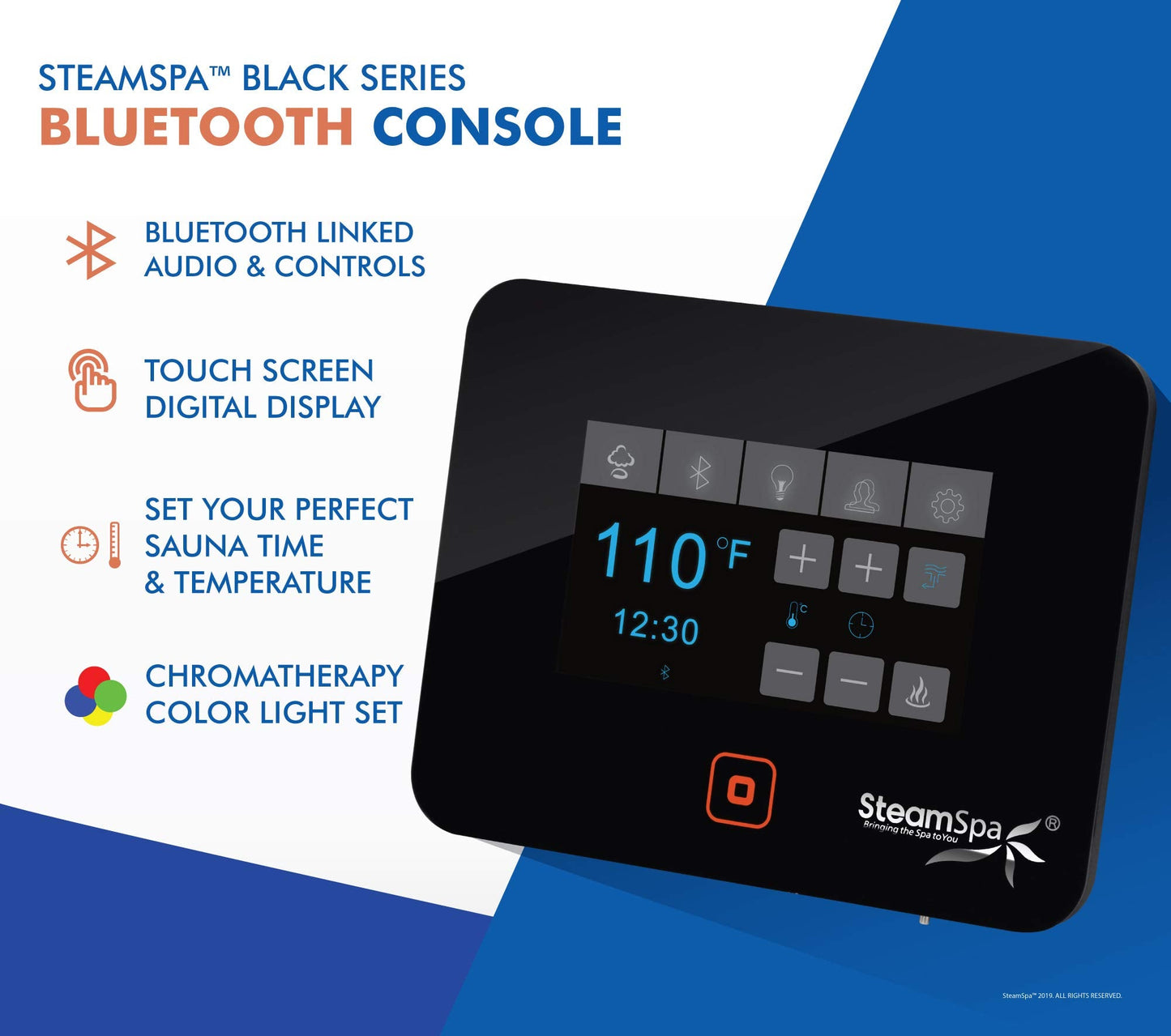 SteamSpa Generator with Quick Start Continuous Steam Technology, Wi-Fi, Bluetooth and Autodrain | 7.5kW Steam Generator with Black Steam Head with Aromatherapy Reservoir | RVB750BK-A
