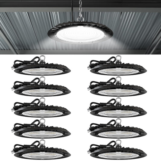 Sunco 10 Pack UFO LED High Bay Light, 150W, 19500 Lumens, 5000k Ultra Bright Commercial Shop Lights for Warehouse, Factory, Workshop, Garage & Barn, Ceiling Mount, Plug & Play, 120V, UL