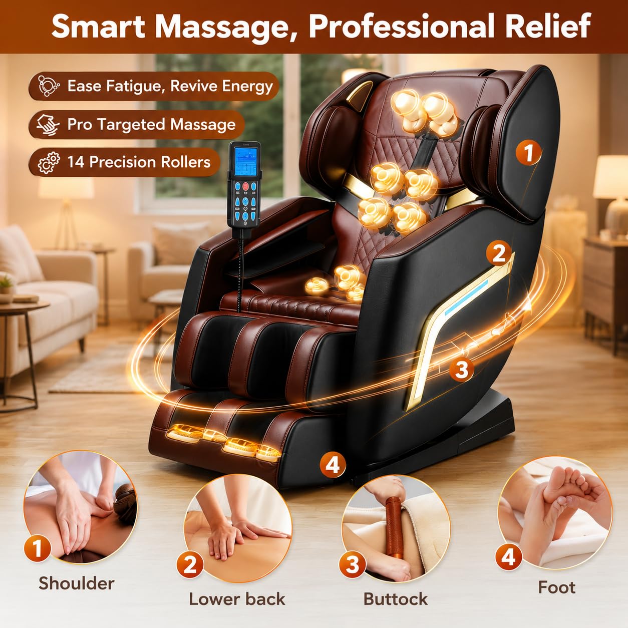 Massage Chair Full Body Zero Gravity Recliner, Shiatsu Massage Chair with 12 Rollers & 6 Airbags, Foot Massage, Extendable Calfrest, Bluetooth Speaker, Auto Modes, Black/Brown