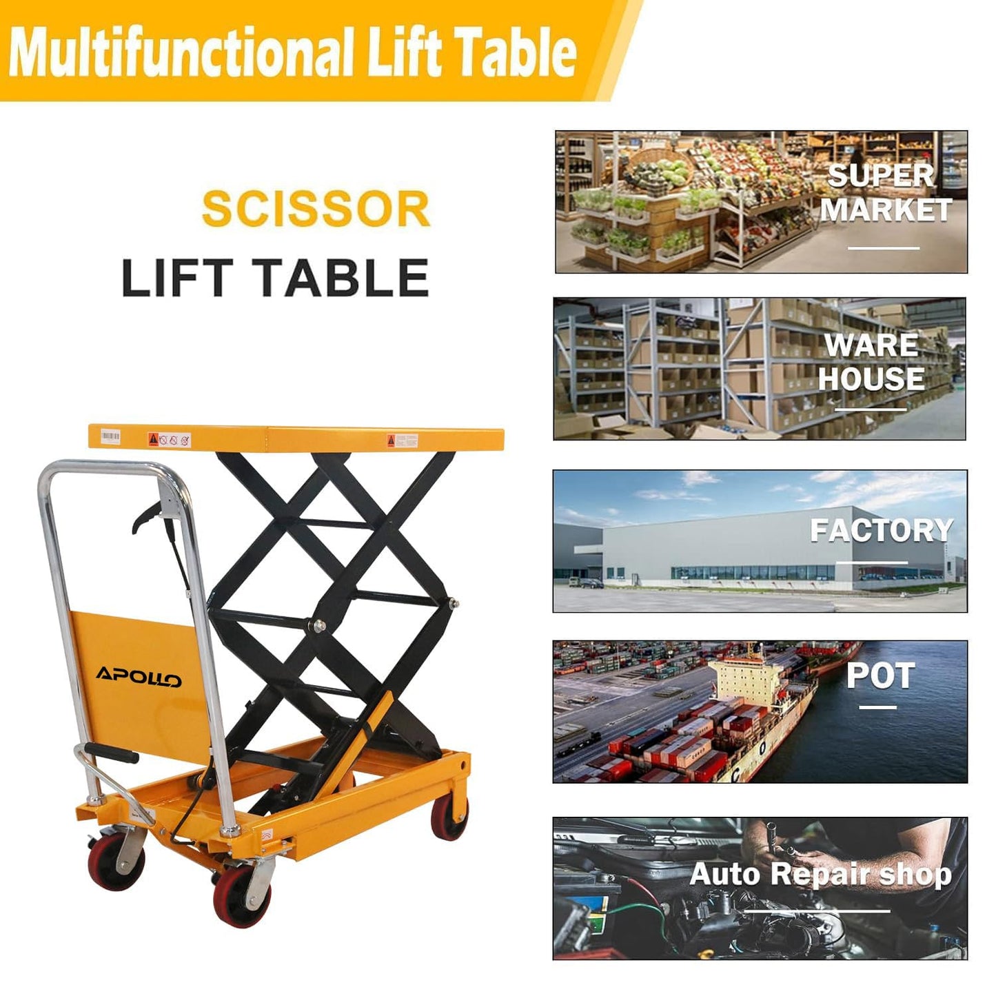 APOLLO Lift Table Cart Double Scissor Hydraulic Lift Table Cart 51" Lifting Height Elevating Cart 770lbs Capacity