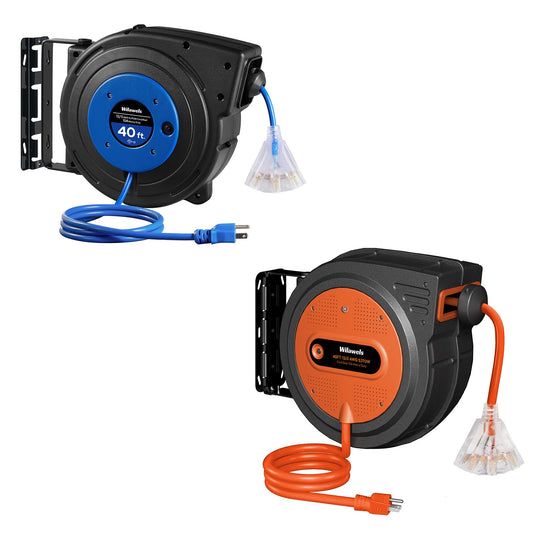 WILAWELS 40 FT Retractable Extension Cord Reel Bundle, Heavy Duty Power Cord, 12AWG/3C SJTOW, 3 Grounded Outlets Lighted Triple Tap, 15 Amp Circuit Breaker, UL Listed, U40CR06-G40ACR06