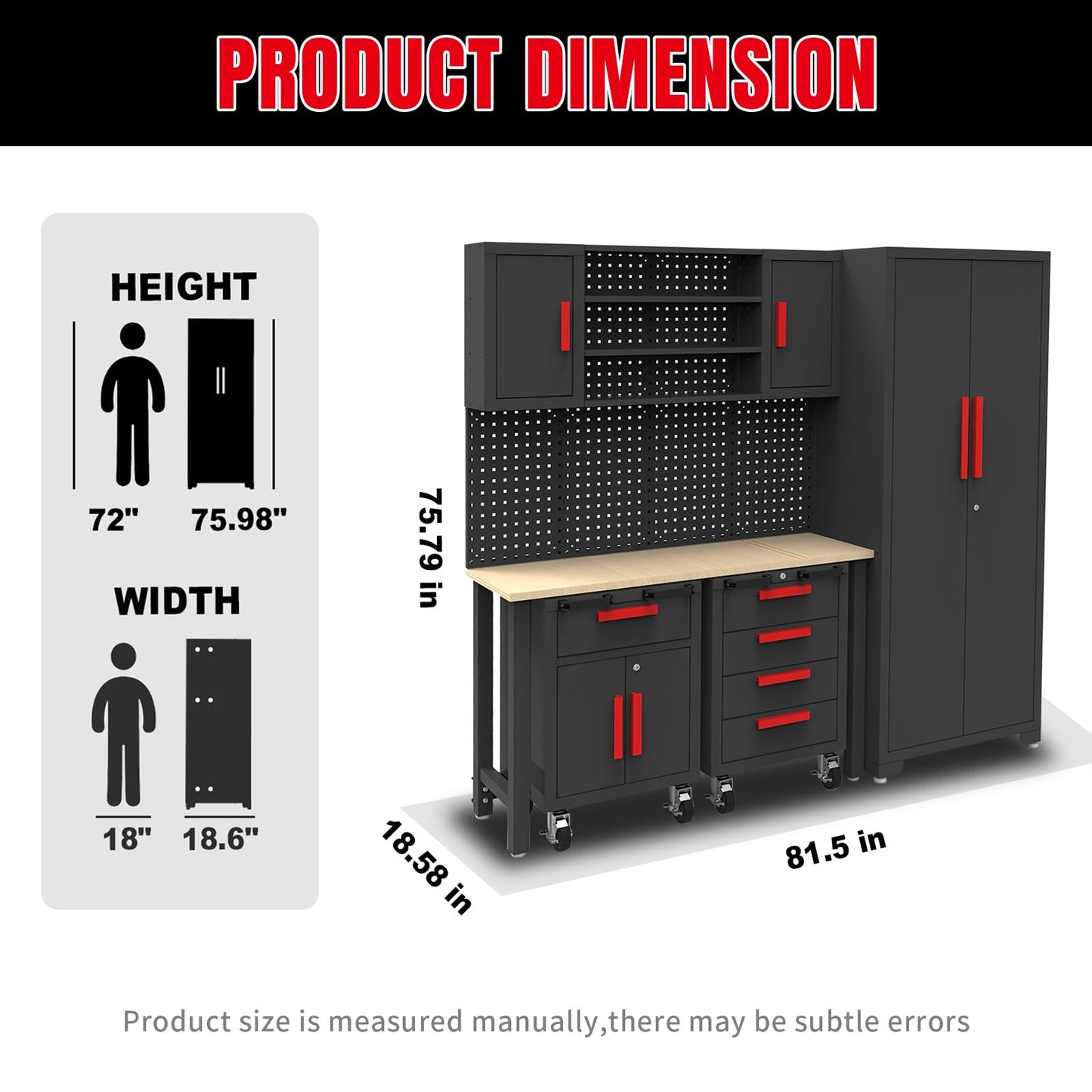 Big RED Garage Storage Cabinets System, 6-Pcs Workshop Cabinet Set in Black, Included Steel Cabinets Drawers Rolling Chest and Pegboard,Locked Garage Storage Cabinet