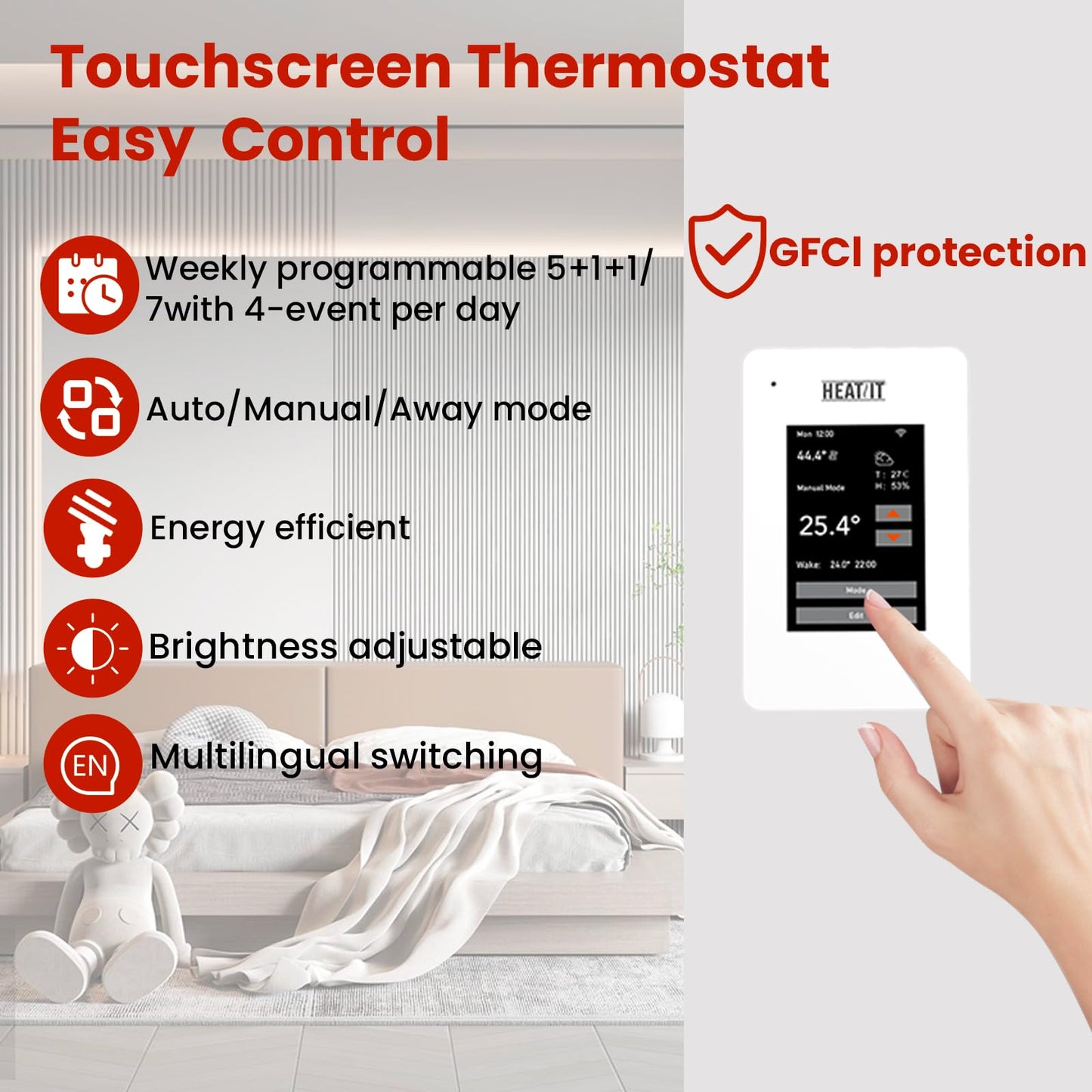 30 sqft HEATIT Warmmat Electric Radiant Self-adhesive Floor Heat Heating System & ET-7AW Thermostat & Alarm Monitor