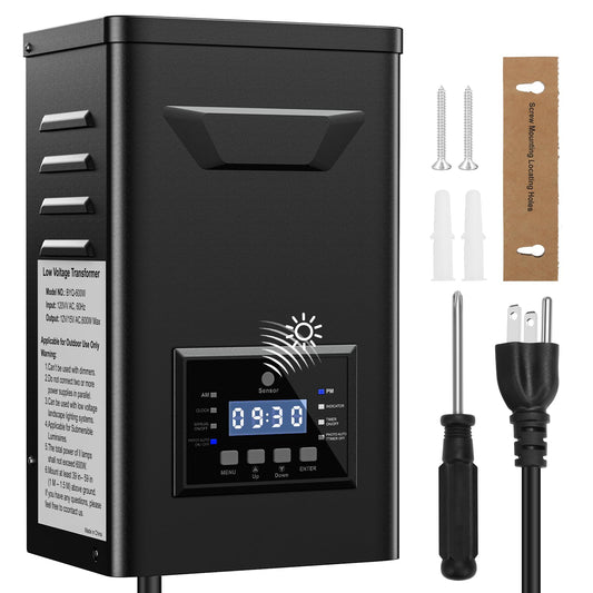 LoyeeBlis 600W Low Voltage Landscape Transformer with Timer & Photocell for Landscape Lighting, 120V to 12V/15VAC, Stainless Steel, Weatherproof for Outdoor Landscape Lights,Yard Lights,Garden Lights