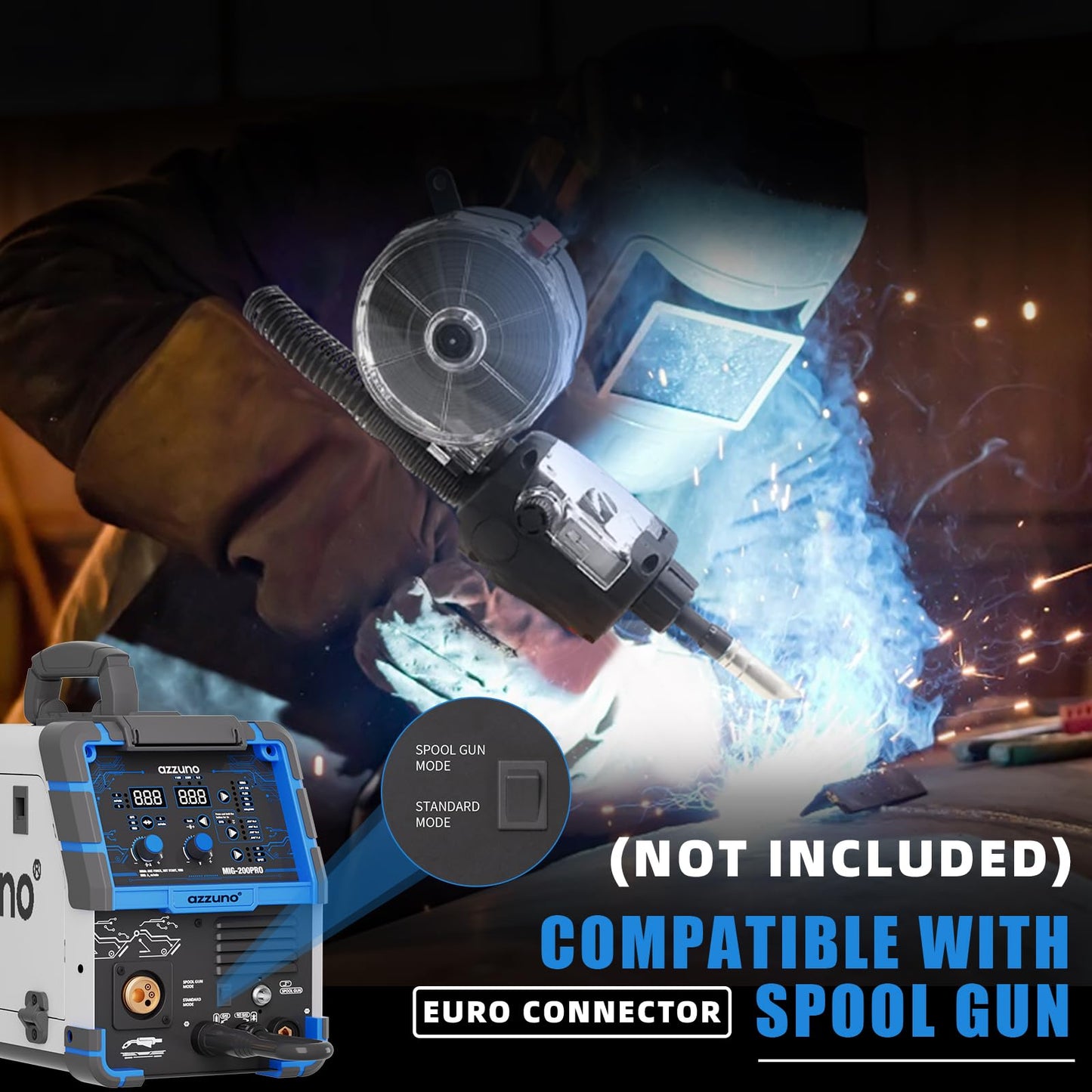 AZZUNO 8 in 1 200A MIG Welder & .035" 2LBS 2-Pack Flux Core Mig Welding Wire, 110V/220V Welder Machine Flux Core MIG/Gas MIG/MAG/Aluminum MIG/Spot MIG/Lift TIG/Stick Welding/Spool Gun Compatible, Mul