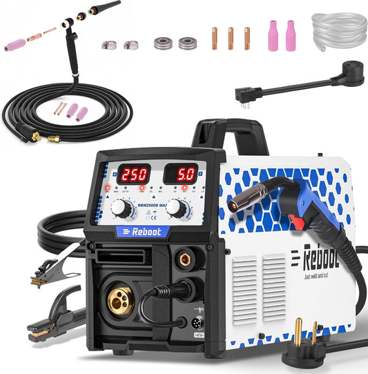 Reboot RBM2500D MAX 180A 5-in-1 MIG Welder with TIG Welding Torch Compatible for Aluminum, Lift TIG, MIG Gas/Gasless, Stick, 120V/240V Dual Voltage Multiprocess Welding Machine