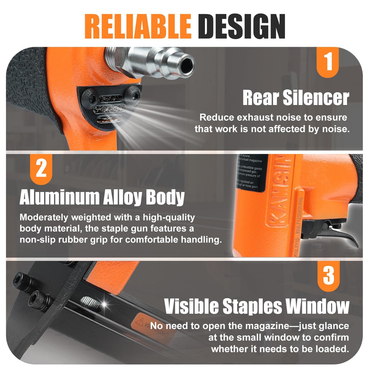 KNL7116 22 Gauge Extended Long Magazine Pneumatic Upholstery Stapler, 3/8-Inch Crown, 1/4-Inch to 5/8-Inch Leg Length, High Capacity Fine Wire Stapler Gun for Furniture and Fabric Attachment