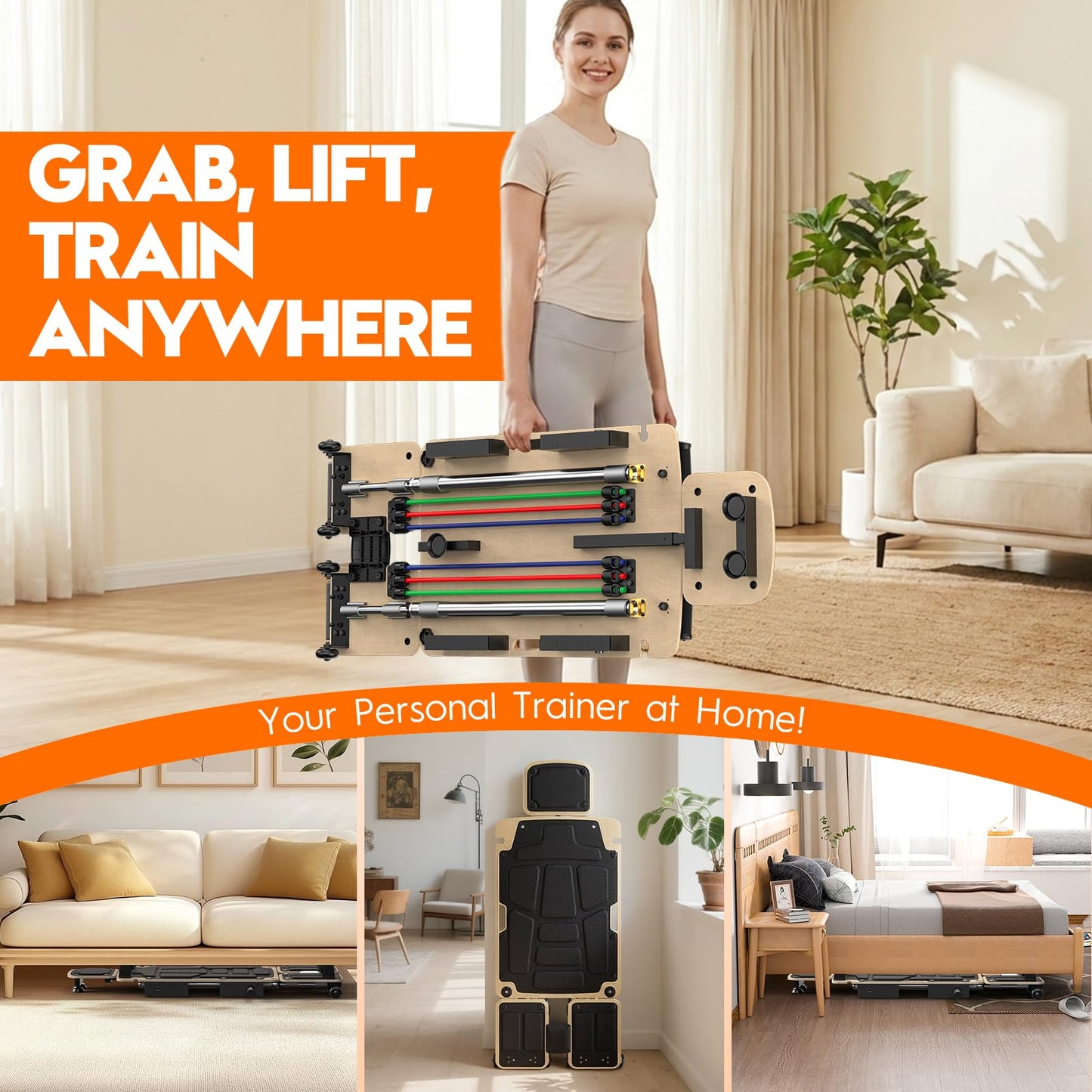 RevFit Pilates Board Reformer for Home Workout, 5-in-1 Pilates Equipment with Dual & Split Foot Pads, Smooth Sliding Rail System, Adjustable Headrest for Heights 3'7"–6'3", Core & Full-Body Training