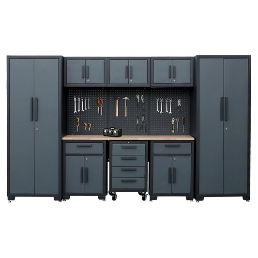 Tsnritor Garage Storage Cabinet System, 9-Pcs Garage Cabinets and Storage System Corner Workshop Set with Corner Cabinet, Cabinet Drawers, Workbench, Pegboard for Tool Organization, Black and Grey