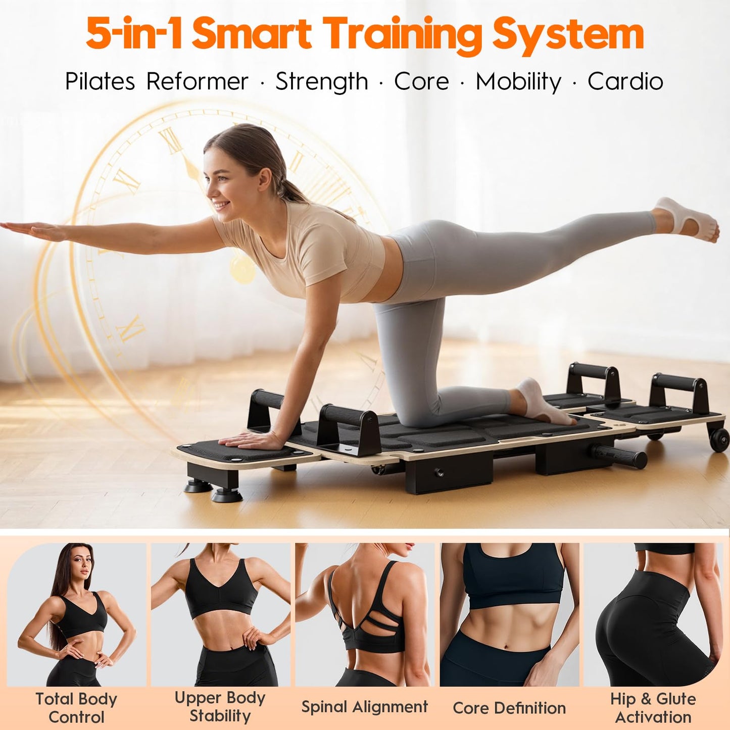 RevFit Pilates Board Reformer for Home Workout, 5-in-1 Pilates Equipment with Dual & Split Foot Pads, Smooth Sliding Rail System, Adjustable Headrest for Heights 3'7"–6'3", Core & Full-Body Training