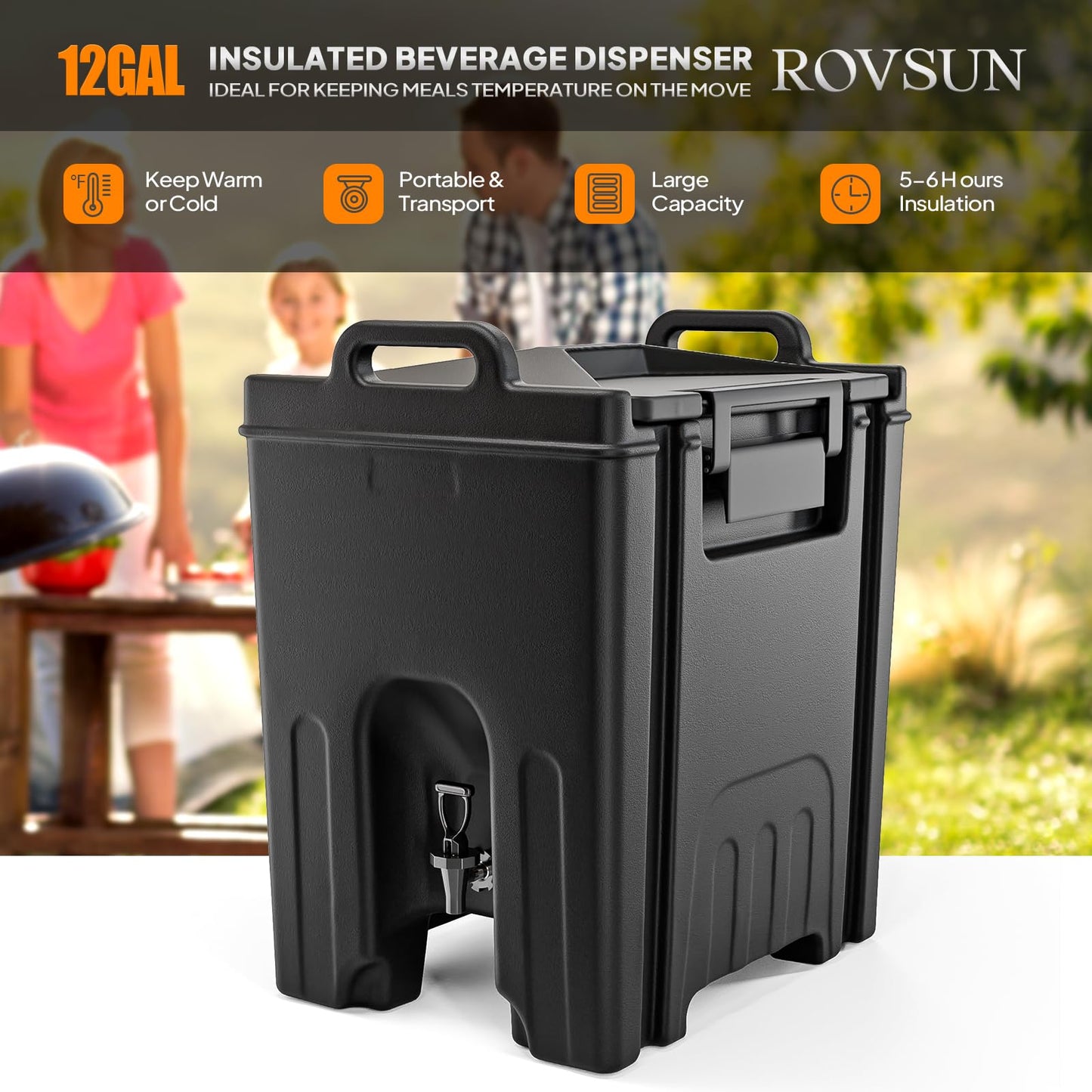 ROVSUN 12Gallon Insulated Beverage Dispenser, Ice and Hot Drink Server w/Handles, Faucet & 50 Cups, Food-grade LLDPE Drink Dispenser, Hot and Cold Beverage Server for Party Catering Event Restaurant