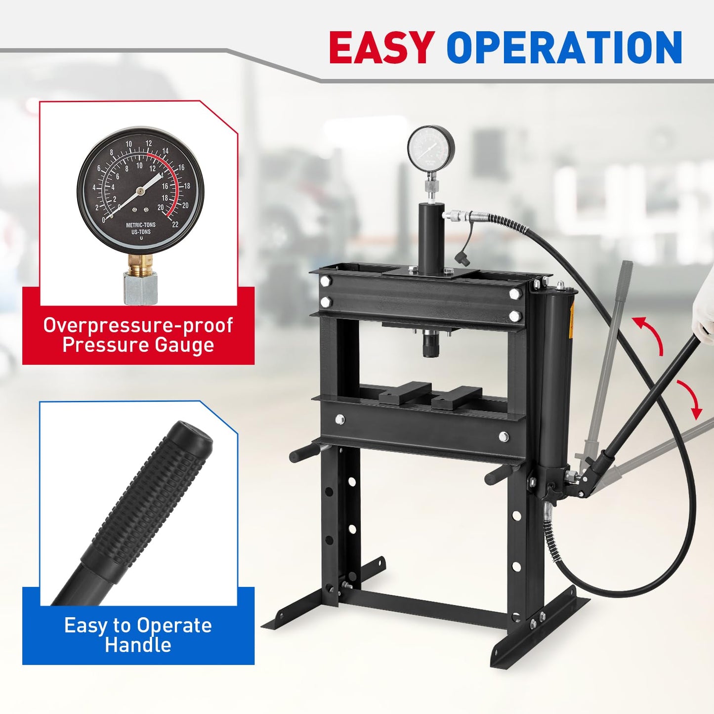 Garvee Hydraulic Press 10 Ton, Hydraulic Shop Press, H Frame Hydraulic Press with 2 Press Plates, Garage Floor Shop Press, Adjustable Work Table Height, Heavy Duty Press, Black