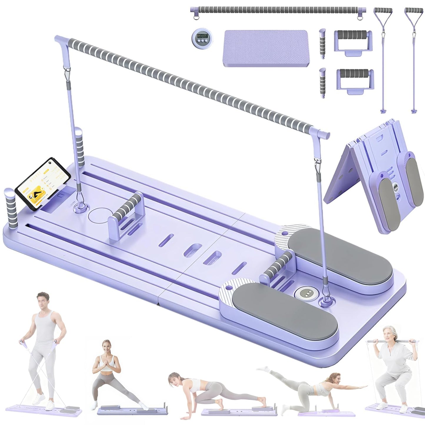 Exhilppy Pilates Board with Phone Holder and Timer, Portable Pilates Reformer, 8-in-1 Multi-Functional Foldable Pilates Reformer Board Set