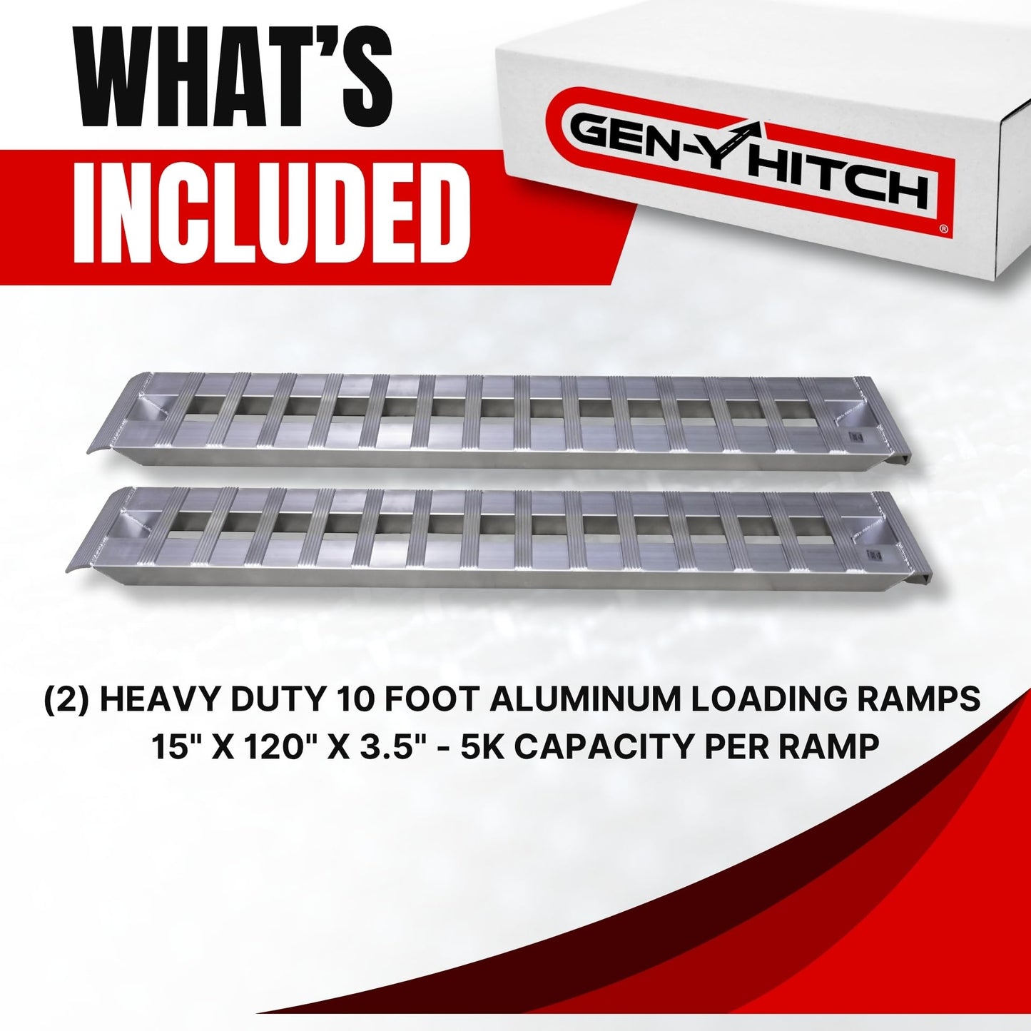 GEN-Y Hitch Heavy Duty Aluminum Loading Ramps - Set of 2, 10 Feet Long x 15 Inches Wide, 10000 lbs Capacity, Hybrid Hook and Plate Ends, Serrated Cross Rungs for Maximum Traction
