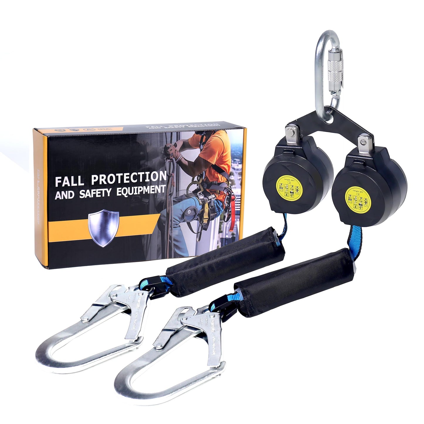 6 FT Dual Leg Self-Retracting Lifeline Web Lanyard Retractable, 2.36 inch Gate Opening Twin Steel Locking Hooks, Double Yoyo, Shock Absorber | Fall Protection OSHA & ANSI Compliant SRL