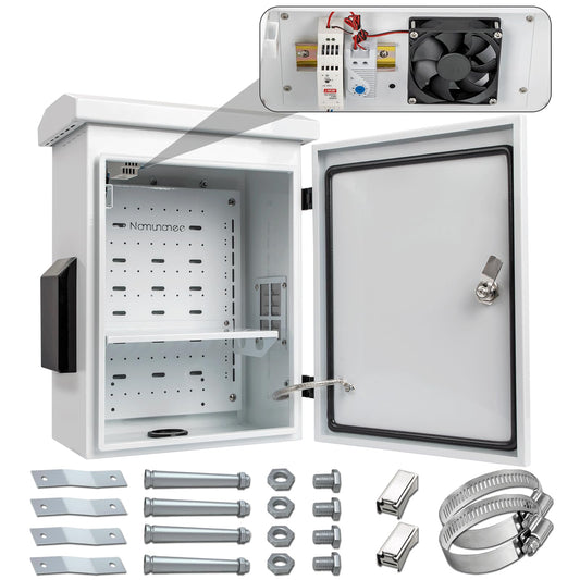 Outdoor Electrical Box with Thermostat and Fan, Cold-Rolled Steel Plate, Aluminum Alloy Back Beam, One-Piece Ventilation Design, IP65 Waterproof, Wall/Pole Mounted. (17.8" x 14" x 7.9")